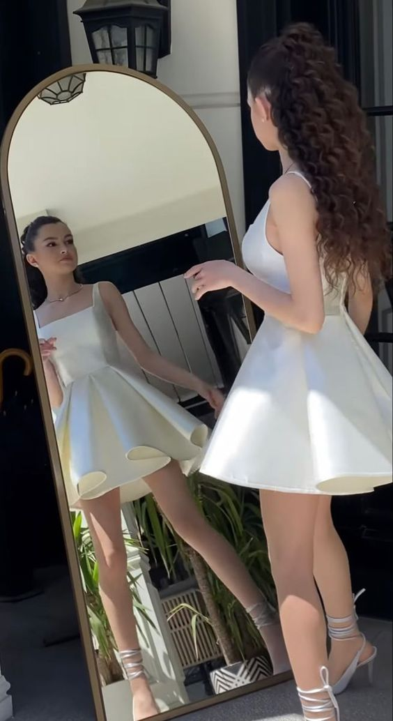 Simple Sequare Neck White Short Prom Dress,Elegant Homecoming Dress SH724