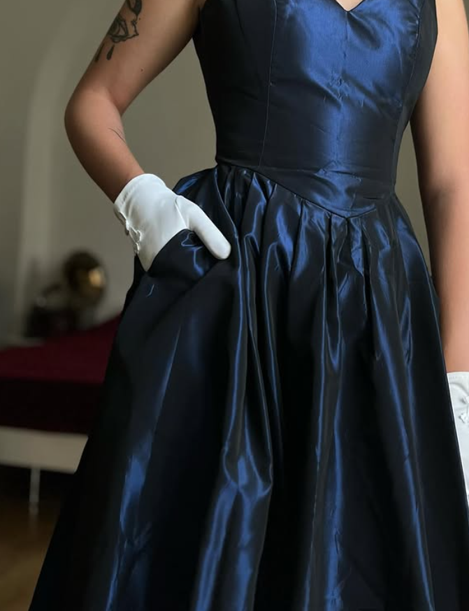 Vintage Navy Blue A Line V Neck Satin Prom Dress Evening Dress Date Dress SH5640