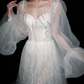 Dreamy Ball Gown Long Sleeve Sequin White Tulle Long Wedding Dress SH6621