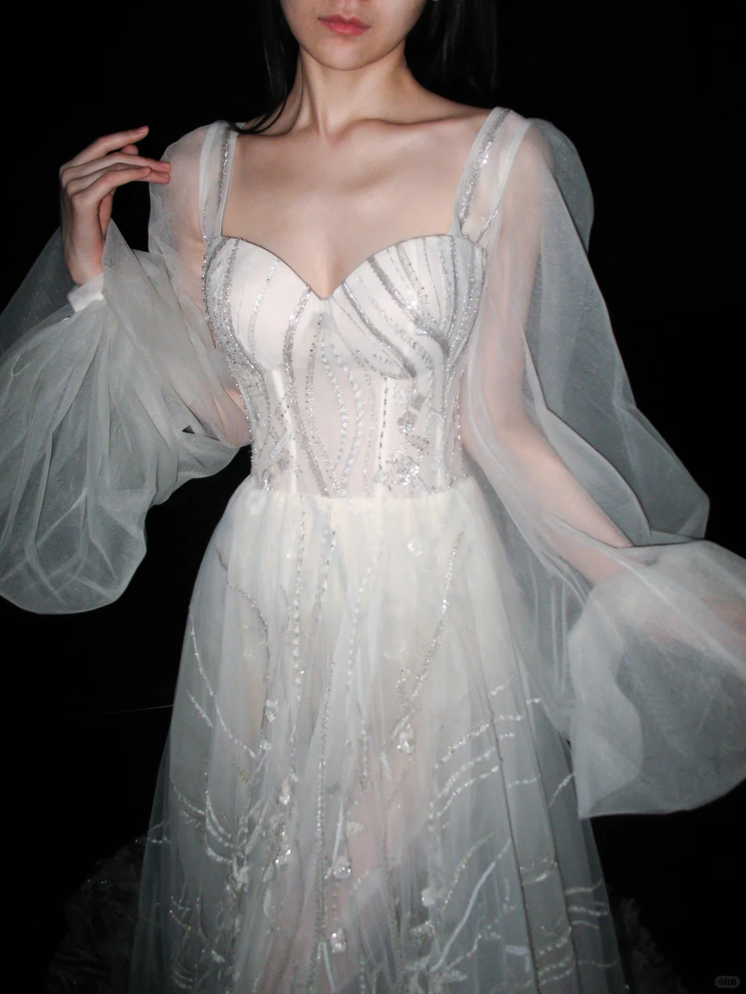 Dreamy Ball Gown Long Sleeve Sequin White Tulle Long Wedding Dress SH6621