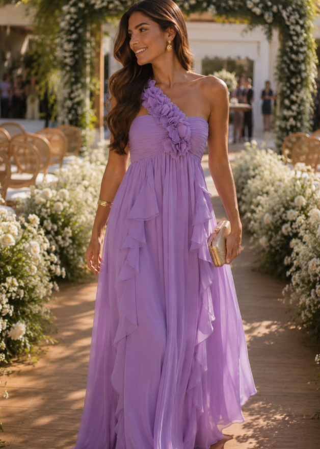 Pretty Purple A Line One Shoulder Ruffle Chiffon Prom Dress Evening Dress SH6353