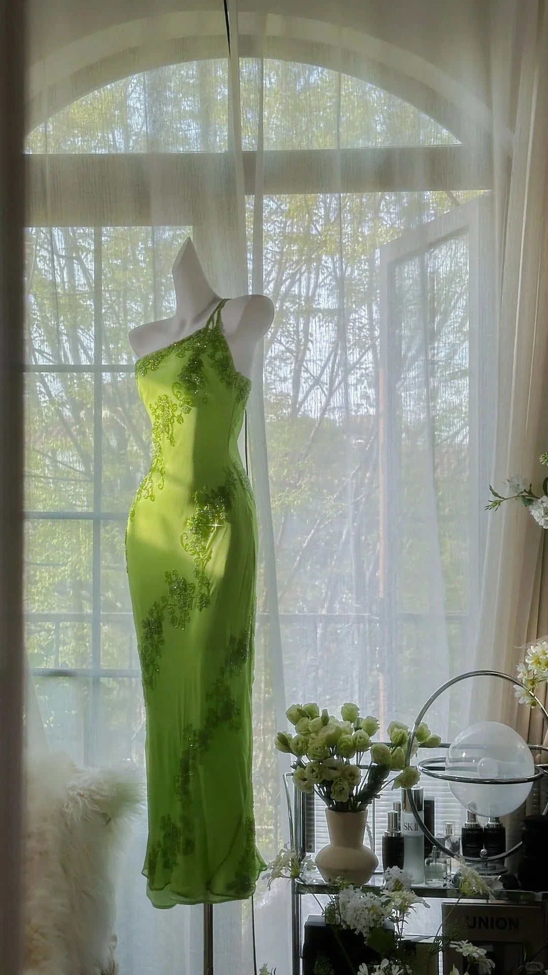 Stunning Sheath One Shoulder Beaded Green Chiffon Party Dress Evening Dress SH2873