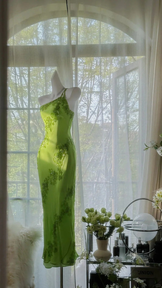 Stunning Sheath One Shoulder Beaded Green Chiffon Party Dress Evening Dress SH2873