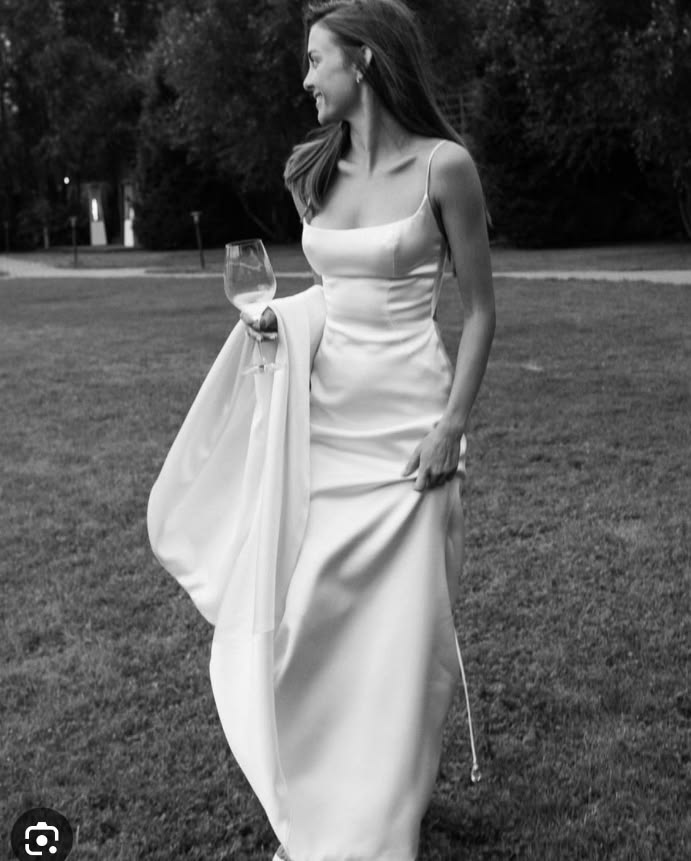 Simple Sheath Spaghetti Strap White Satin Backless Long Train Wedding Dress SH7543