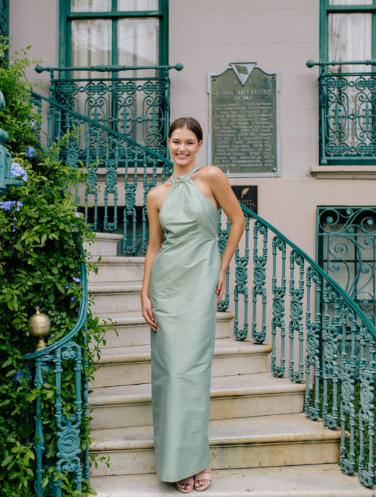 Charming Green Sheath Halter Satin Long Bridesmaid Dress Prom Dress SH6314