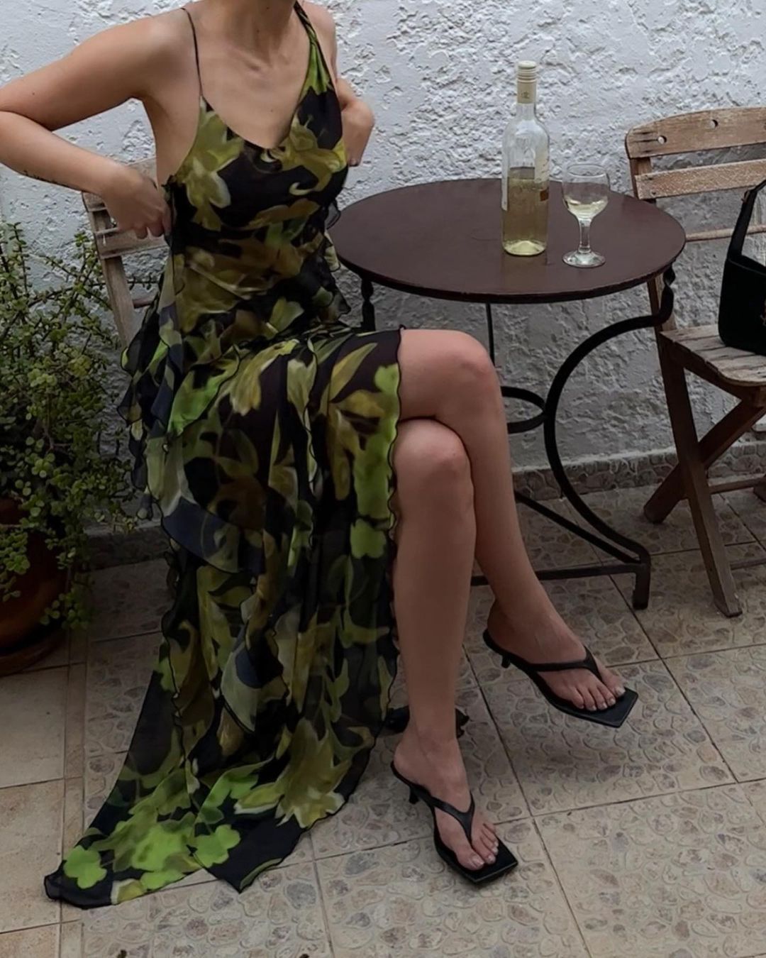 Green Print A Line Spaghetti Strap Black Chiffon Long Prom Dress Evening Dress SH7582