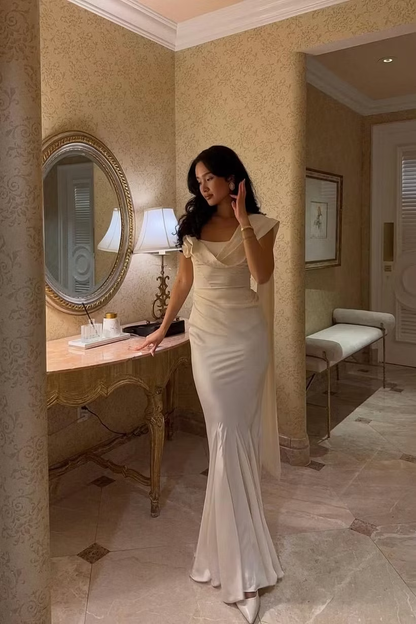 Gentle Ivory Mermaid Strap Satin Long Prom Dress Evening Dress SH8566