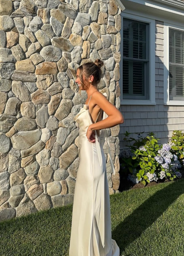 Simple Sheath Straps Ivory Satin Open Back Long Prom Dress Evening Dress SH1974