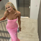 Simple Mermaid Strapless Pink Satin Long Prom Dress Evening Dress SH2552