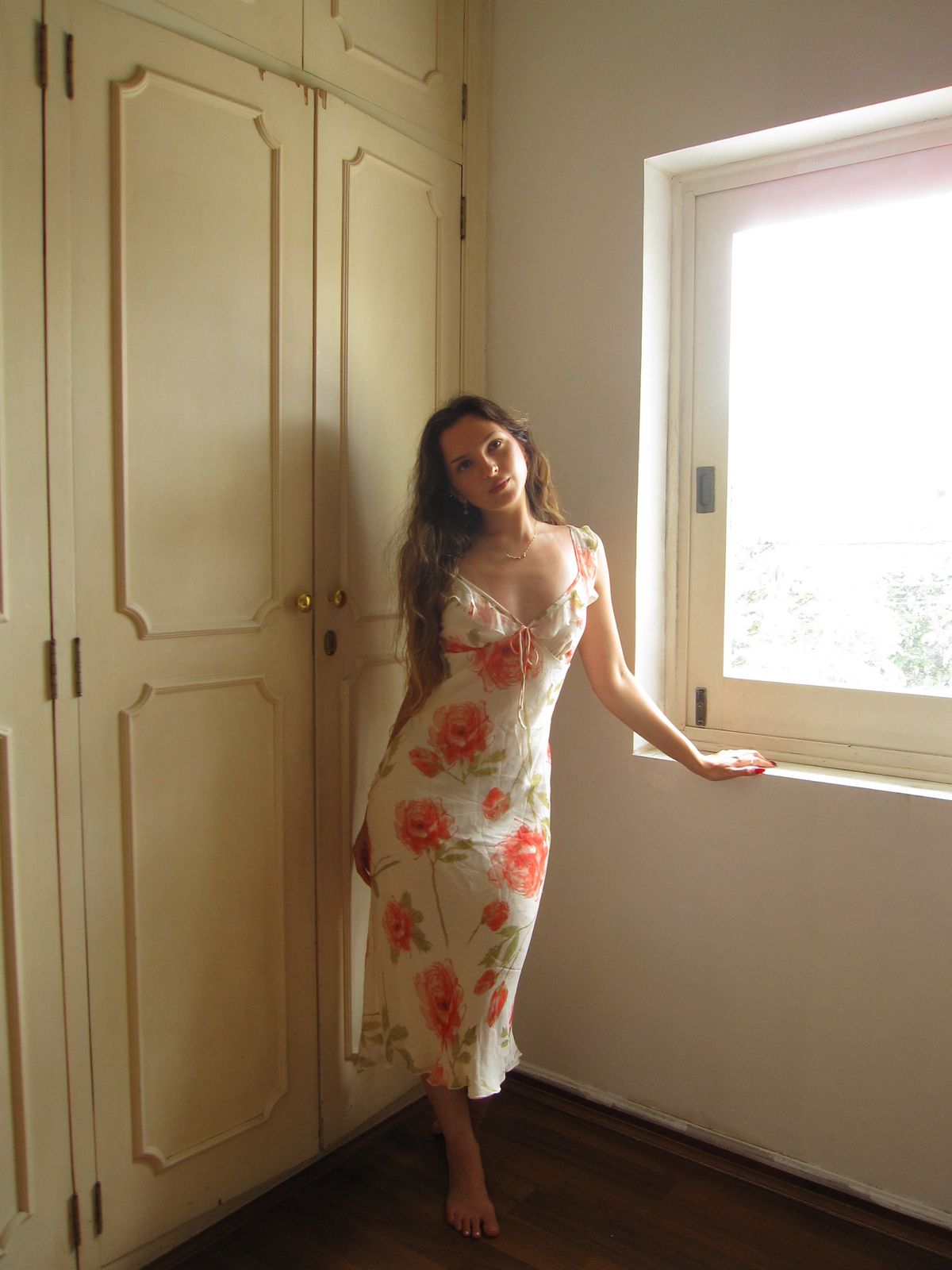 Gentle Sheath Straps Printed Floral Chiffon Tea Length Vacation Dress Outfits SH4517