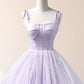 Purple A Line Straps Embroidered Tulle Floor Length Evening Dress Prom Dress SH1796