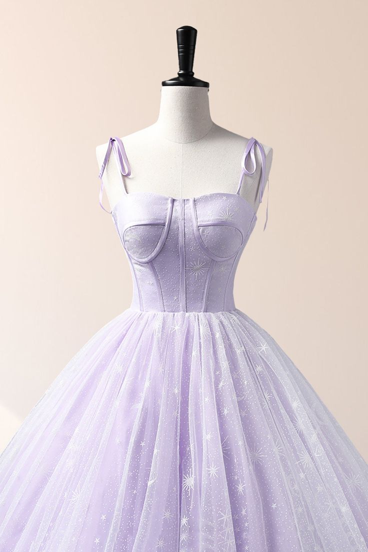 Purple A Line Straps Embroidered Tulle Floor Length Evening Dress Prom Dress SH1796