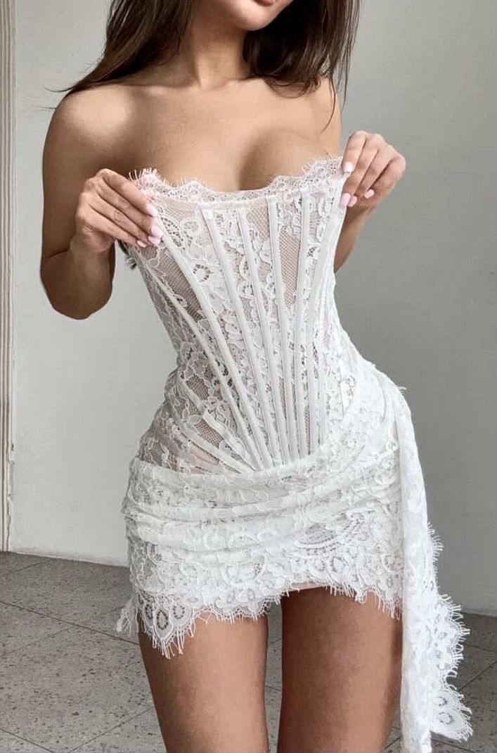 Sexy White Sheath Strapless Corset Lace Short Prom Dress Homecoming Dress SH8931