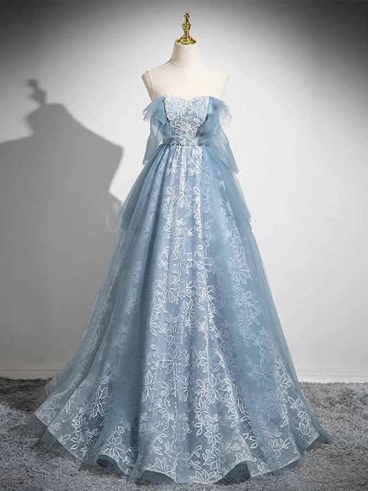 A Line Sweetheart Neck Blue Tulle Lace Long Prom Dress Evening Dress SH1740