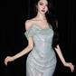 Shiny Mermaid Off the Shoulder Silver Sequin Long Evening Dress Ball Gown SH3489