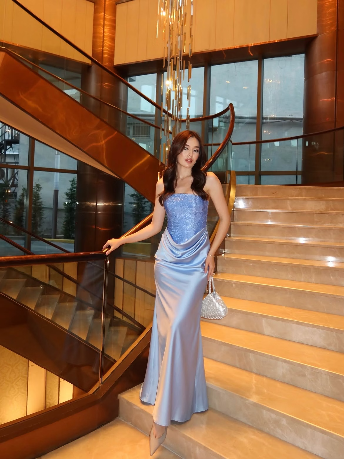 Blue Mermaid Strapless Sequin Lace Satin Long Prom Dress Evening Dress SH8553