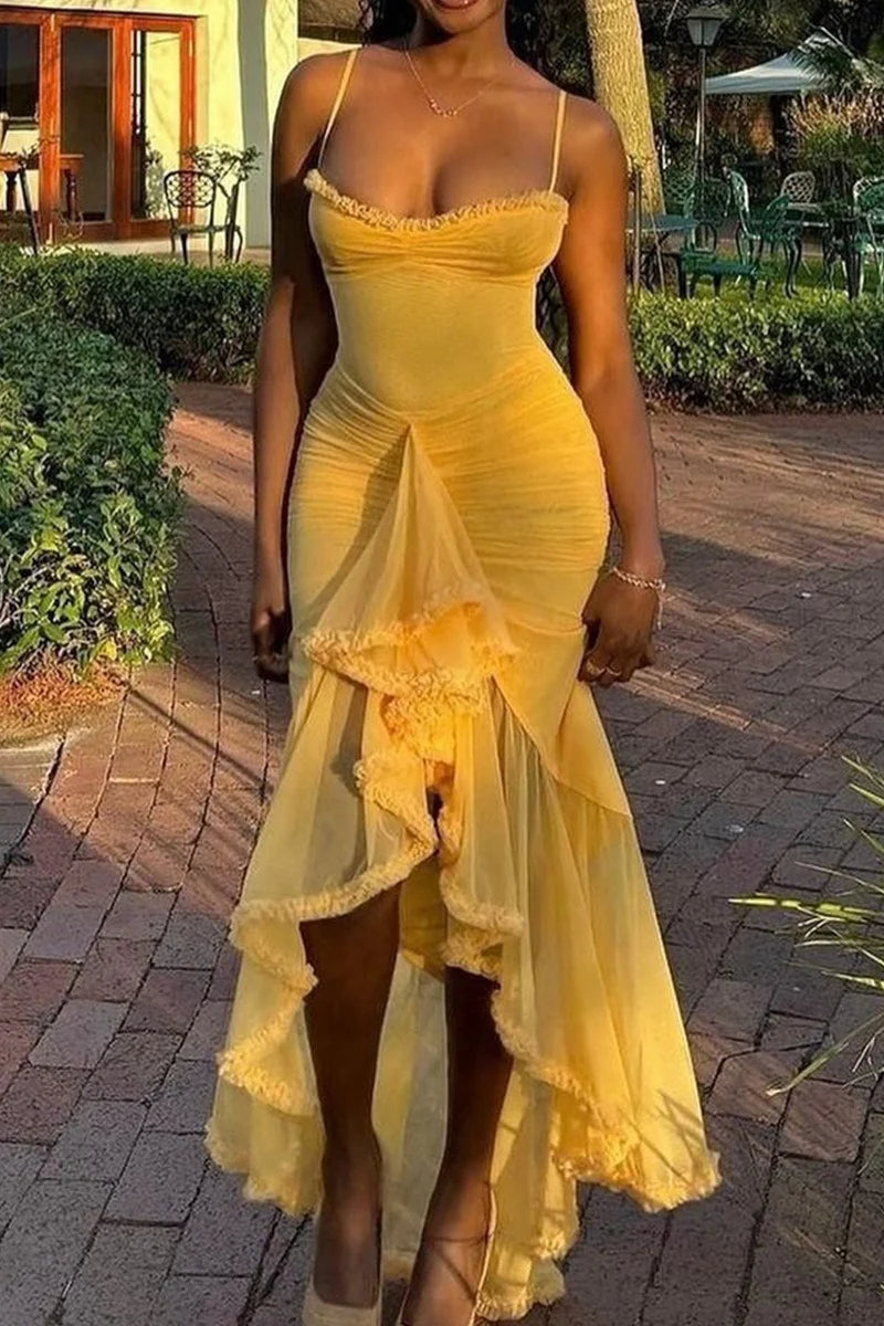 Yellow Mermaid Spaghetti Strap Tulle Long Prom Dress Evening Dress SH7198