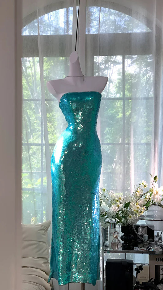 Shiny Blue Sheath Strapless Sequin Prom Dress Formal Dress Party Dress SH4022