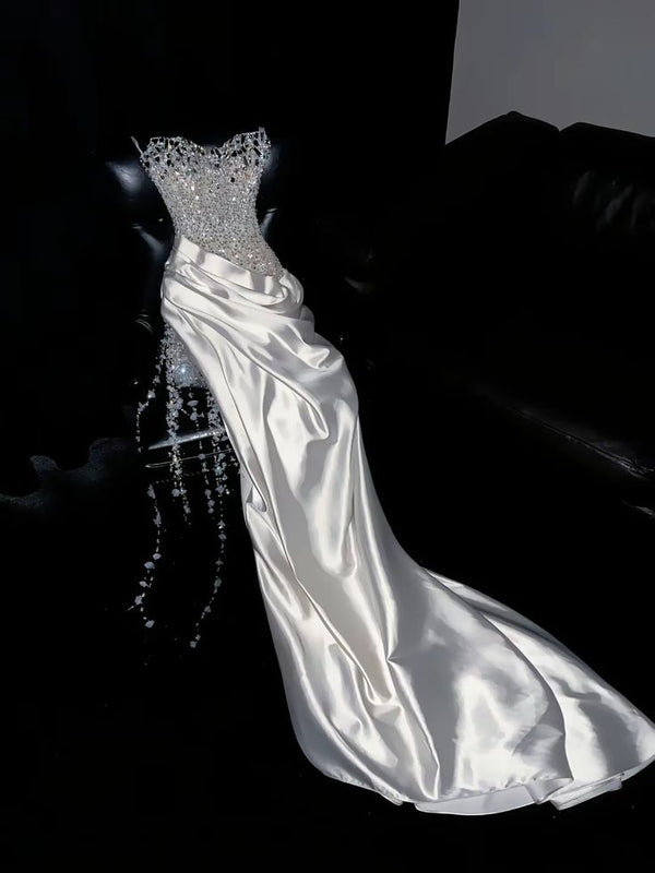 Satin Sweetheart Pleated Sheath Dress With Slit Emerald main image 1