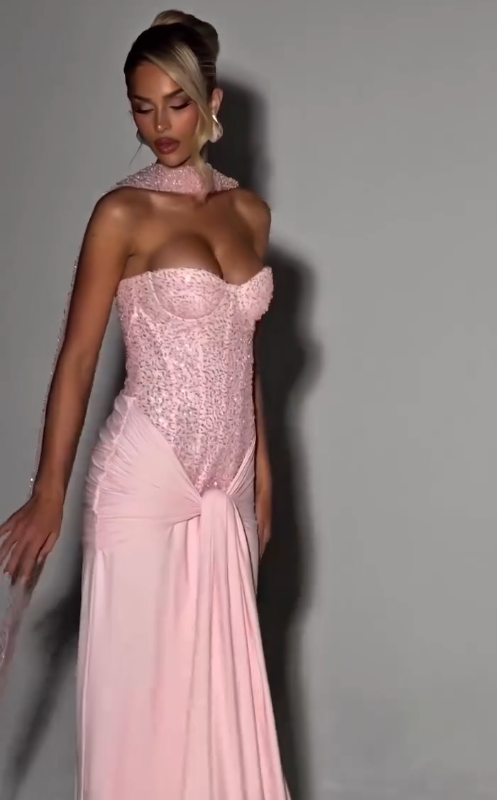 Pink A Line Sweetheart Neck Sequin Satin Prom Dress Evening Dress SH4693