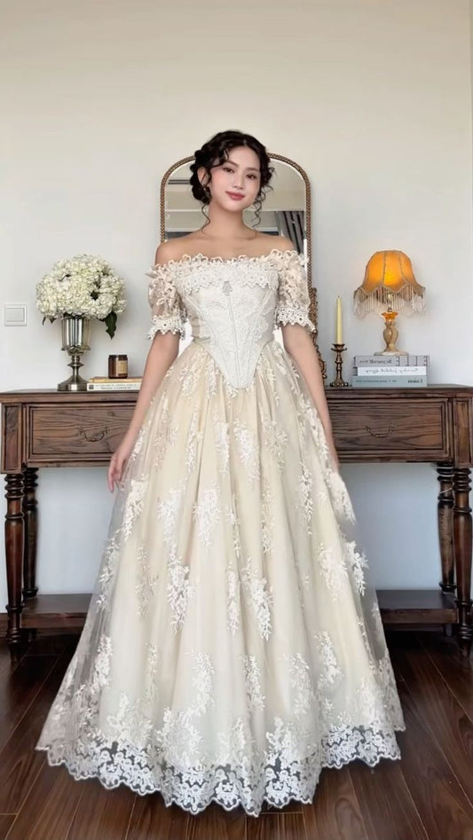 Vintage Ivory A Line Off the Shoulder Lace Satin Tulle Prom Dress Wedding Dress SH4471
