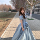 Blue A Line Off the Shoulder Flower Satin Long Party Dress Birthday Dress SH2908