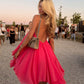 Ethereal A Line Halter Hot Pink Chiffon Backless Short Homecoming Dress Mini Dress SH8041