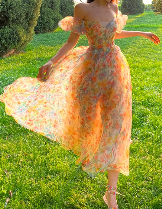 Unique Print Floral A Line Off the Shoulder Chiffon Long Prom Dress Party Dress SH4034