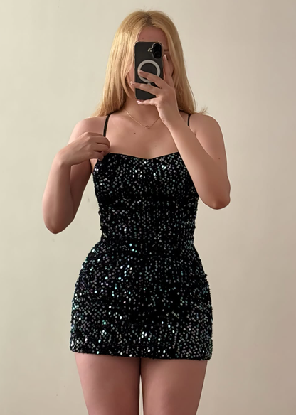 Sheath Spaghetti Straps Colourful Sequin Backless Short Prom Dress Homecoming Dress Outfits SH6836