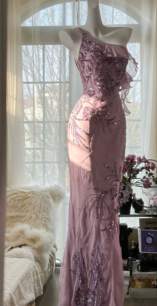 Purple Sheath One Shoulder Beaded Chiffon Long Prom Dress Graduation Prom Dress SH2561