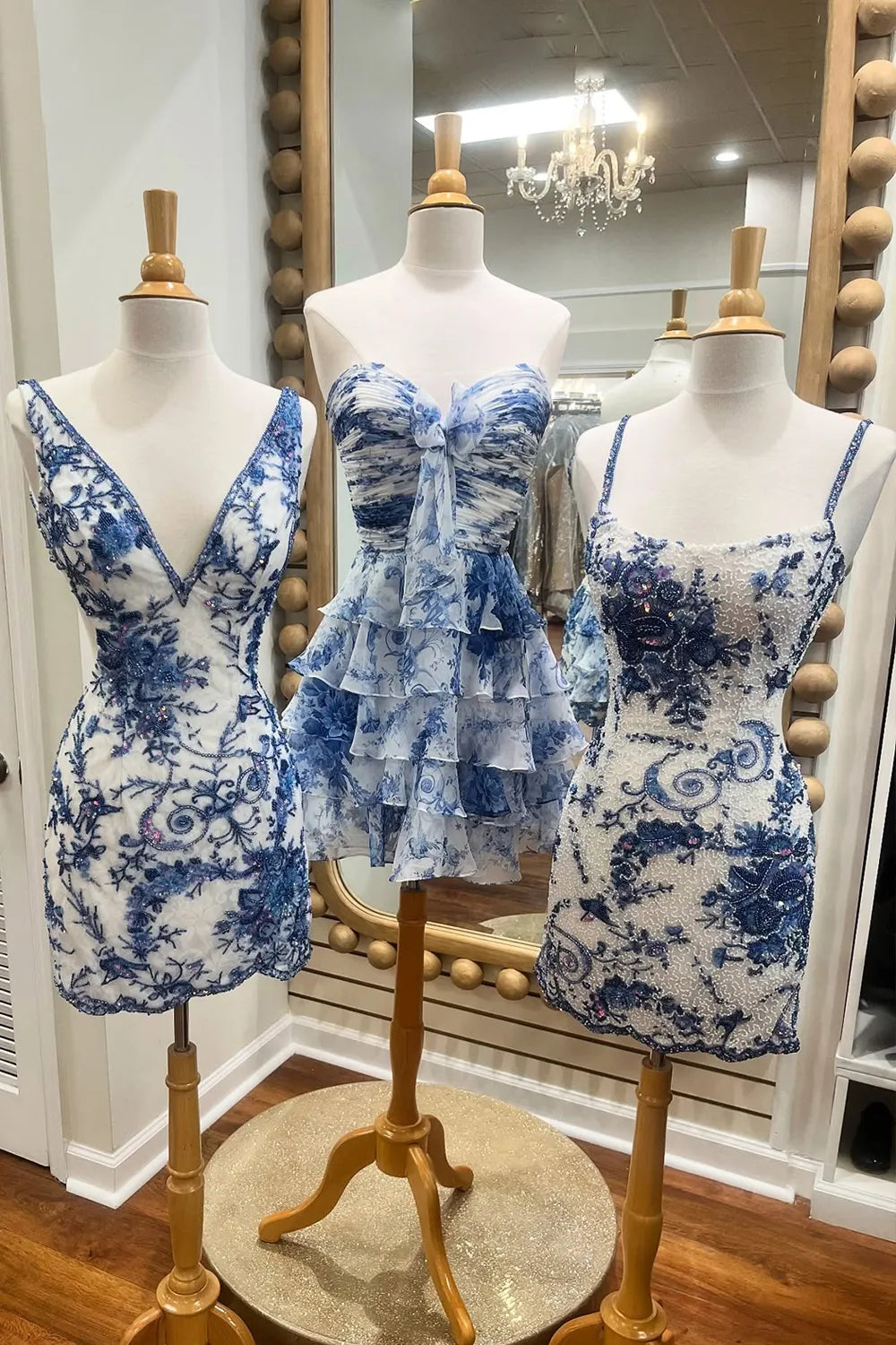 New A Line Sweetheart Blue Printed Short Homecoming Dress with Ruffles SH7522