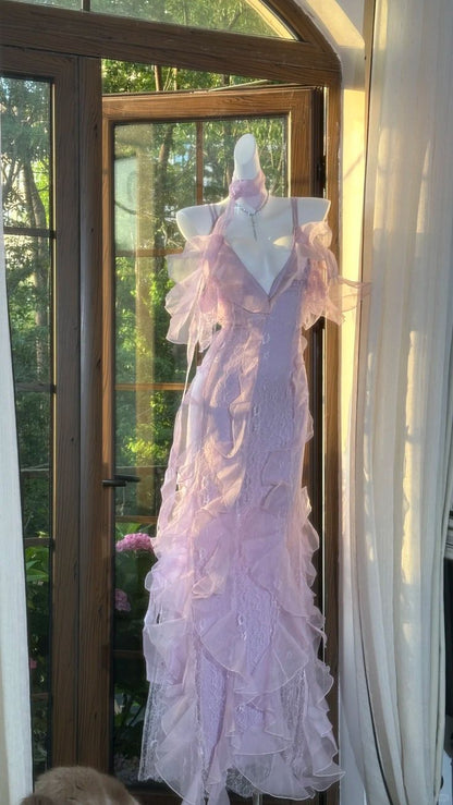 Lilac Romantic Lace Elegant Long Chiffon Ball Gown Party Dress Date Dress SH3431