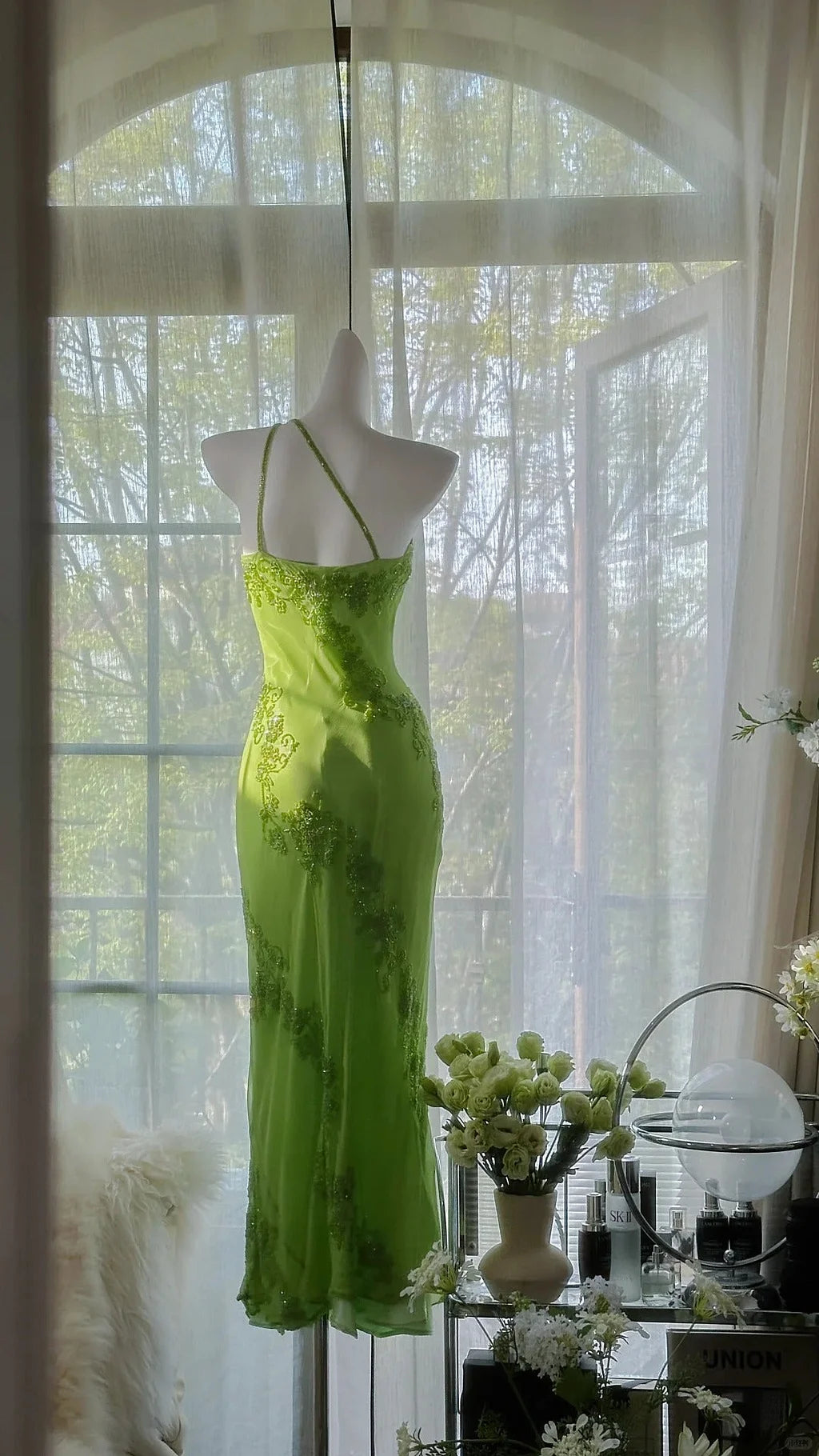 Stunning Sheath One Shoulder Beaded Green Chiffon Party Dress Evening Dress SH2873