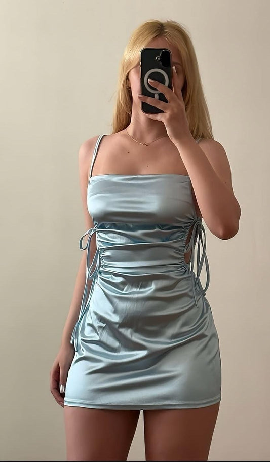 Sexy Backless Blue Sheath Spaghetti Straps Satin Short Prom Dress Homecoming Dress SH8361