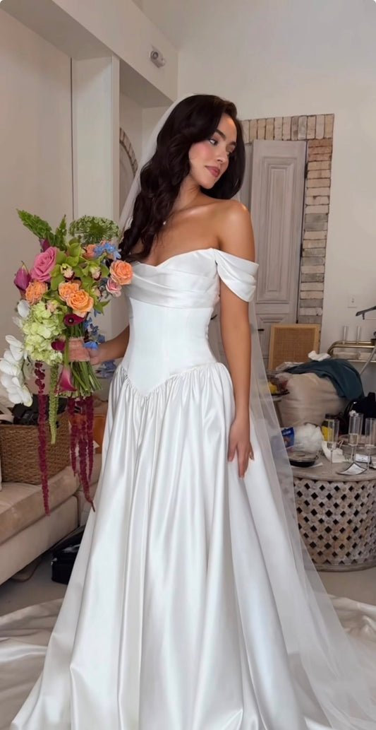 Elegant A Line Off the Shoulder White Satin Long Wedding Dress SH8528