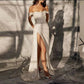 Shiny A Line Off the Shoulder Silver Sequin Long Prom Dress Evening Dress with Slit SH3456
