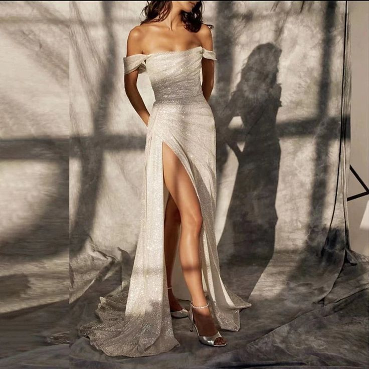 Shiny A Line Off the Shoulder Silver Sequin Long Prom Dress Evening Dress with Slit SH3456
