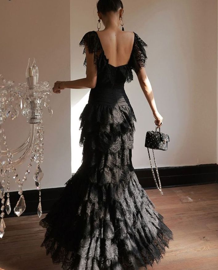 Sexy Black Mermaid Straps Layered Lace Prom Dress Evening Dress SH5497