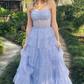 Lavender Tulle Sequin Tiered Ruffles Long Prom Dress Elegant Evening Dress Princess Ball Gown  SH1533