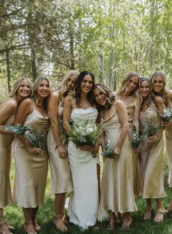 Simple Silk Satin Cowl Neck Spaghetti Strap Popular Tea Length Bridesmaid Dresses SH5587