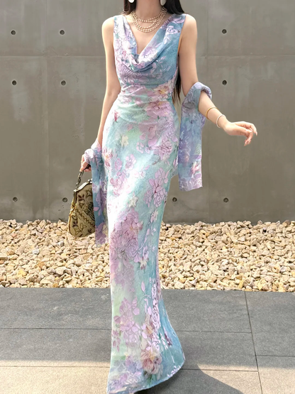 Beautiful Sheath Print Flower Colorful Chiffon Long Prom Dress Evening Dress SH6051
