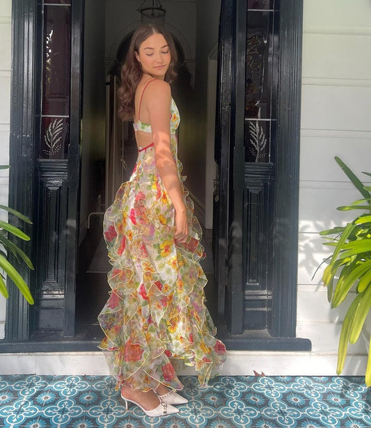 Stunning Print Floral A Line Straps Ruffle Chiffon Prom Dress Party Dress SH4019