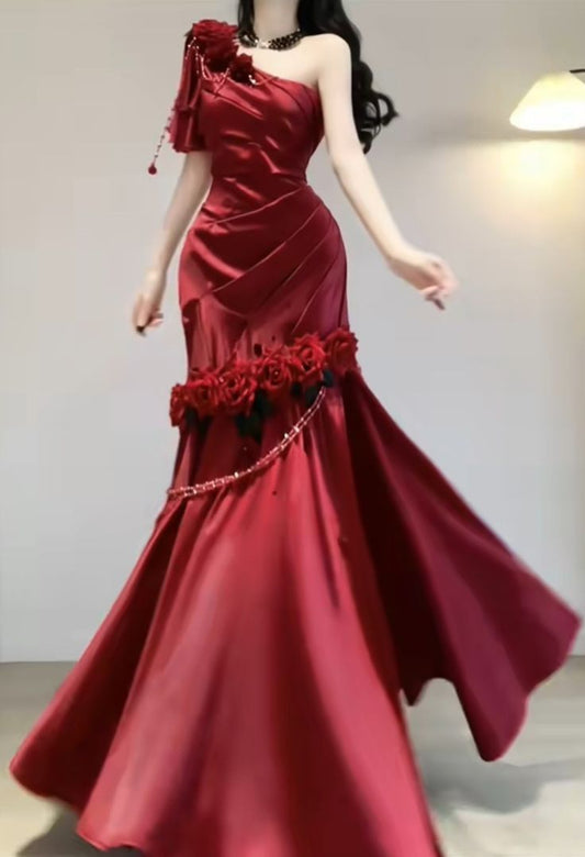 Burgundy Mermaid One Shoulder Beaded Rose Satin Long Prom Dress Party Dress SH5022