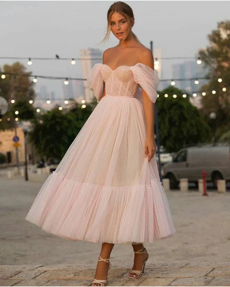 Light Pink A Line Off-the-shoulder Tulle Tea-Length Homecoming Dress SH1618