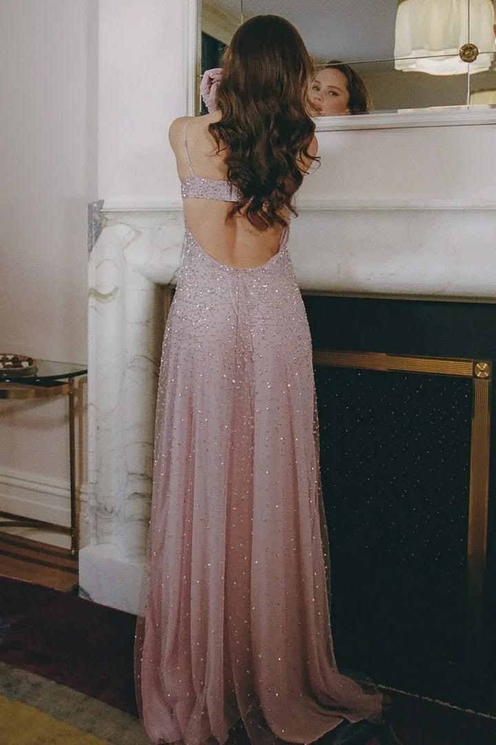 Gentle Pink A Line Spaghetti Strap Sequin Tulle Long Prom Dress Evening Dress Formal Dress SH3656