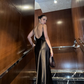 Simple Black A Line Spaghetti Strap Satin Open Back Prom Dress Wedding Guest Dress SH4449