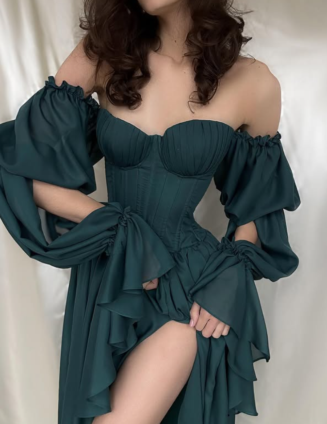 Dark Green A Line Long Sleeve Chiffon Slit Prom Dress Evening Dress SH6701