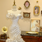 Beautiful Mermaid Off the Shoulder Floral Ivory Tulle Prom Dress Wedding Dress SH7367