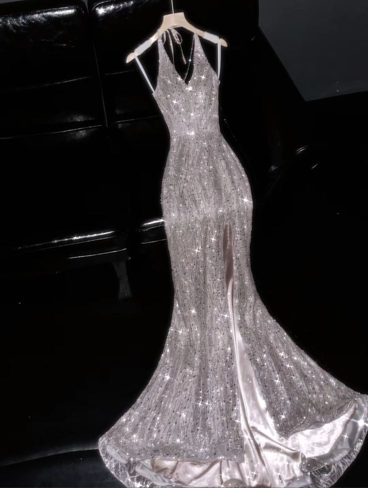 Silver Sequin Mermaid Halter Satin Backless Prom Dress Evening Dress with Slit SH3637