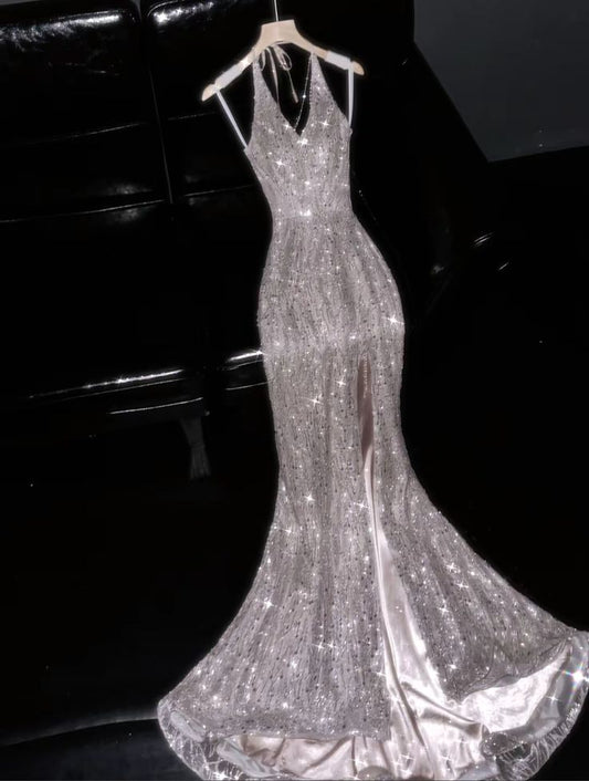 Silver Sequin Mermaid Halter Satin Backless Prom Dress Evening Dress with Slit SH3637